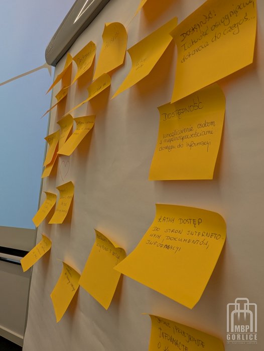 Biblioteka Gorlice, Szkolenie o odstępności tablica z dużą ilością karteczek samoprzylepnych z opisami uczestników co to znaczy dostępność